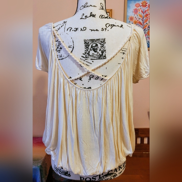Free People Ann's Ruched Top in Tea, Boho, Scoop Neck, Criss-cross Back, EUC, M - Picture 7 of 13